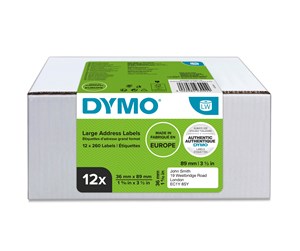 Papir, Fotopapir & Etiketter - DYMO LW store adresseetiketter, 36mm x 89mm, 12 ruller med 130 stk. (1560 stk. i alt) - 2093093