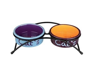 Katt - Trixie Bowl set ceramic/metal 2 × 0.3 l/ø 12 cm/26 × 7 × 13 cm light grey/antique pink/light blue - TX24791