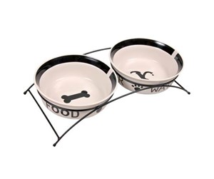 Hund - Trixie Food/Water bowl set ceramic/metal 2 × 2.6 l/ø 25 cm/54 × 12 × 24 cm white/black - TX24643