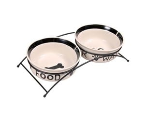 Hund - Trixie Food/Water bowl set ceramic/metal 2 × 1.6 l/ø 20 cm/41 × 10 × 20 cm white/black - TX24642