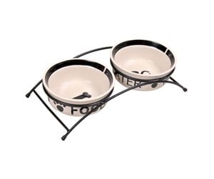 Hund - Trixie Food/Water bowl set ceramic/metal 2 × 0.6 l/ø 15 cm/32 × 9 × 15 cm white/black - TX24641