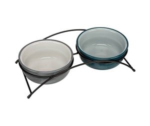 Hund - Trixie Bowl set ceramic/metal 2 × 1.6 l/ø 20 cm/41 × 10 × 20 cm petrol/light petrol/grey/light grey - TX24537