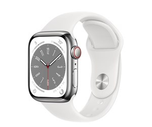 Smartklokke, Smartwatch & Sportsklokke - Apple Watch Series 8 GPS + Cellular 41mm Silver Stainless Steel Case with White Sport Band - MNJ53DH/A