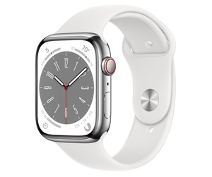 Smartklokke, Smartwatch & Sportsklokke - Apple Watch Series 8 GPS + Cellular 45mm Silver Stainless Steel Case with White Sport Band - MNKE3DH/A