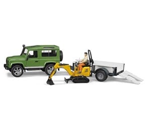 Leketøysbil - Bruder Land Rover Defender one axle trailer JCB micro excavator + worker - BR2593