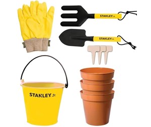 Kreative leker - Stanley Jr 10 Piece Garden Tool Set: Hand Trowel Hand Fork Pail Gloves 3 x Garden Plant Label 3 x Garden Plastic Pot - SG003-10-SY