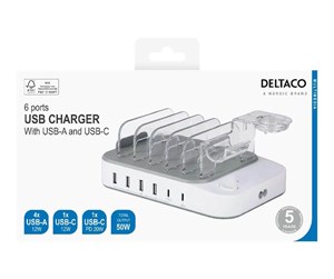 Nettbrett - Adaptere og ladere - Deltaco DPS-0203 charging station - 4 x USB 2 x USB-C - 50 Watt - DPS-0203