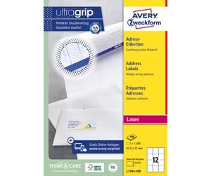 Papir, Fotopapir & Etiketter - Avery Etiketter med QuickPeel™ & Ultragrip , Presise utskrifter, lett å ta av og sette på, 63,5 x 72 mm, Laser - L7164-100