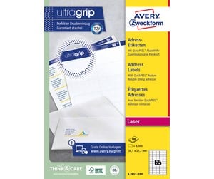 Papir, Fotopapir & Etiketter - Avery Etiketter med QuickPeel™ & Ultragrip , Presise utskrifter, lett å ta av og sette på, 38,1 x 21,2 mm, Laser - L7651-100