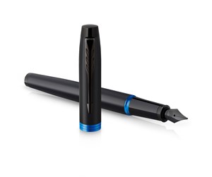 Skrive- & Tegneverktøy - Parker IM Vibrant Rings Fountain Pen | Satin Black Lacquer with Marine Blue Accents | Fine Point with Blue Ink Refill | Gift Box - 2172858