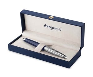 Skrive- & Tegneverktøy - Waterman Carene Fountain Pen | Metal & Blue Lacquer | Chiselled Cap | 18K Gold Fine Nib | Blue Ink | Gift Box - 2166343