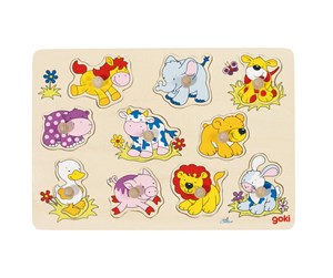 Puslespill - Goki Wooden Stud Puzzle Animals Baby Tre - 57838