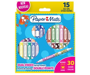 Skrive- & Tegneverktøy - Paper Mate Children's Felt Tip Colouring Pens | Dual-Ended Design | Washable Ink | Assorted Colours | 15 Fibre Tip Markers (30 Colours) - 2180804