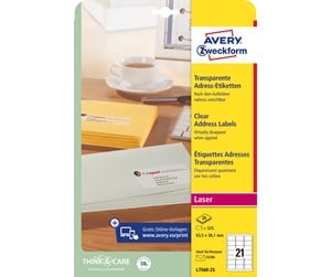 Papir, Fotopapir & Etiketter - Avery Adresseetiketter, 63,5 x 38,1 mm, 525 Etiketter, Transparent - L7560-25