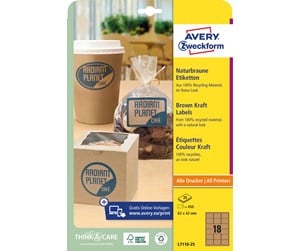 Papir, Fotopapir & Etiketter - Avery Brunt kraftpapir-etiketter, 62 x 42 mm, 450 Etiketter, Brun - L7110-25