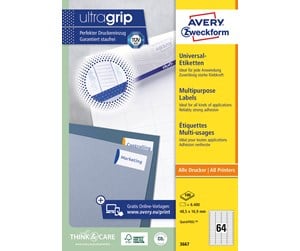 Papir, Fotopapir & Etiketter - Avery Universaletiketter, 48,5 x 16,9 mm, 6.400 Etiketter, Hvit - 3667