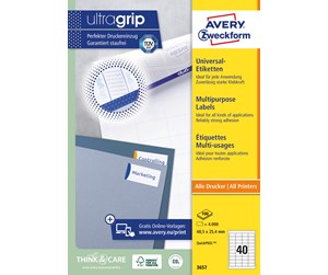 Papir, Fotopapir & Etiketter - Avery Universaletiketter, 48,5 x 25,4 mm, 4.000 Etiketter, Hvit - 3657