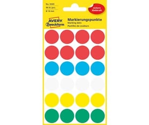 Papir, Fotopapir & Etiketter - Avery Matriseklistremerker, Ø 18 mm, 96 Etiketter, Diverse farger - 3089