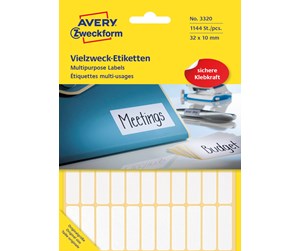 Papir, Fotopapir & Etiketter - Avery Universaletiketter, 32 x 10 mm, 1.144 Etiketter, Hvit - 3320