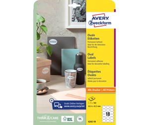 Papir, Fotopapir & Etiketter - Avery Produktetiketter, ovale 63,5 x 42,3 mm, 180 Etiketter, Hvit - 6242-10