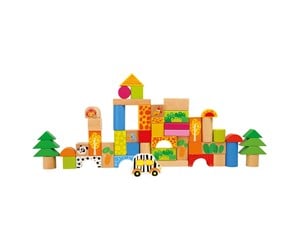 Babyleker - Small Foot - Wooden Building Blocks Zoo in Shape Sorter Bucket 50dlg. - 11054