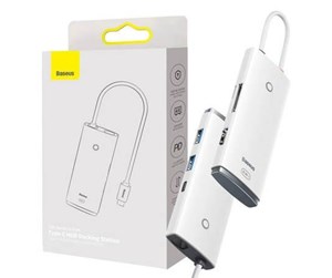 USB-hub - Baseus Lite Series Hub 6w1 USB-C to 2x USB 3.0 + USB-C PD + HDMI + SD/TF (white) USB-hub - USB 3.0 - 5 porter - Hvit - WKQX050102