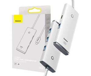 USB-hub - Baseus Lite Series Hub 4in1 USB-C to 4x USB 3.0 + USB-C 25cm (White) USB-hub - USB 3.0 - 4 porter - Hvit - WKQX030302