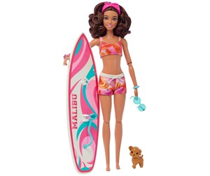 Dukker, Bamser & Utstyr - Barbie Doll With Surfboard And Puppy 30cm - HPL69