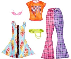 Dukker, Bamser & Utstyr - Barbie Fashions 2 Pack - Love T-shirt Check Flared Pants & Flames Print Dress - 0194735094189