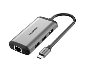 USB-hub - Vention Type-C to HDMI/USB3.0*3/RJ45/PD Converter 0.15M Gray Metal Type USB-hub - USB 3.0 - 6 porter - Sølv - CNCHB