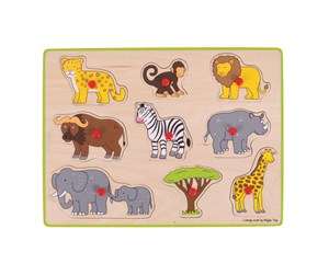 Puslespill - Bigjigs Wooden Stud Puzzle Safari 9 pieces. Tre - BJ258