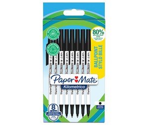 Skrive- & Tegneverktøy - Paper Mate Kilometrico kulepenner | Lang skriving med middels punkt (1,0 mm) | Svart blekk | 80 % resirkulert plast | 8 Stk - 2187678