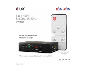 Videosplitter - Club 3D CSV-1381 - video/audio switch - 3-to-1 8K 60 Hz/4K 120 Hz - 4 ports - CSV-1381