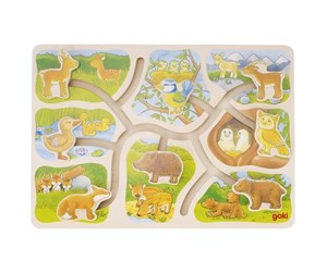 Puslespill - Goki Wooden Sliding Puzzle Who Belongs to Who 8 pcs. Tre - 57749