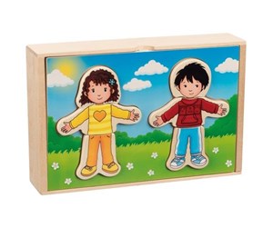 Puslespill - Goki Wooden Dress Up Puzzle Boy and Girl in Wooden Box 36 pcs. Tre - 57475