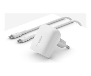 Mobil - Adaptere og ladere - Belkin BoostCharge power adapter - 24 pin USB-C - 20 Watt - MFI Certified - with USB-C to USB-C cable - WCA006VF1MWH-B6