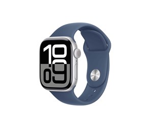 Smartklokke, Smartwatch & Sportsklokke - Apple Watch Series 10 GPS 42mm - Silver Aluminium Case with Denim Sport Band - S/M - MWWA3QN/A