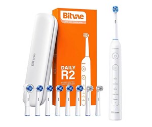 Elektrisk tannbørste - Bitvae Elektrisk tannbørste Rotary toothbrush with tips set and travel case R2 (white) - R2 White+heads+case