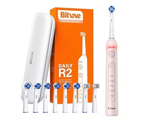 Elektrisk tannbørste - Bitvae Elektrisk tannbørste Rotary toothbrush with tips set and travel case R2 (pink) - R2 Pink+heads+case