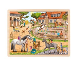 Puslespill - Goki Wooden Jigsaw Puzzle Horse Riding School 96 pcs. Tre - 57367