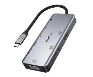 USB-hub - RayCue Hub 9in1 USB-C to 2x USB-A 3.0 5Gbps + 2x SD/TF 3.0 + 2x HDMI 4K30Hz + VGA 1080p + Jack 3.5mm + PD 3.0 100W (gray) USB-hub - USB 3.0 - Grå - HYD-RC2901