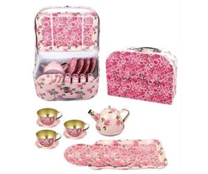 Lekekjøkken & Utstyr - Magni Tea set in suitcase - pink flowers - 3903