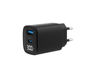 Mobil - Adaptere og ladere - Gembird Universal GaN USB charger with LCD QC 3.0 & POD 30W 2-port - Black - TA-UC-PDQC30LCD-BK-01