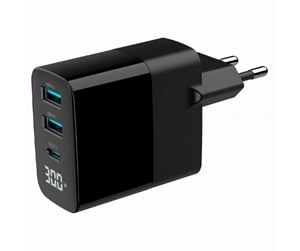 Mobil - Adaptere og ladere - Gembird Universal GaN USB charger with LCD QC 3.0 & POD 30W 3-port - Black - TA-UC-PDQC30LCD-BK-02