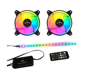 Kabinettvifte - DUTZO RGB Kit 2 - 2x vifte + 1x LED strip + fjernkontroll & kontroller - 120mm - Svart med RGB LED-lys - 24 dBA - DRGB-BUNDLE2