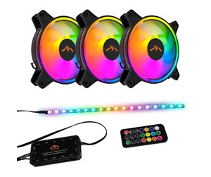 Kabinettvifte - DUTZO RGB Kit 3 - 3x vifte + 1x LED strip + fjernkontroll & kontroller - 120mm - Svart med RGB LED-lys - 24 dBA - DRGB-BUNDLE3