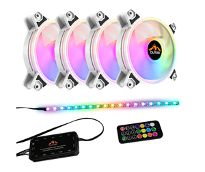 Kabinettvifte - DUTZO RGB Kit 4 - 4x fan white + 1x LED strip + remote & controller - 120mm - Hvit med RGB-lys - 24 dBA - DRGB-BUNDLE4 WHITE