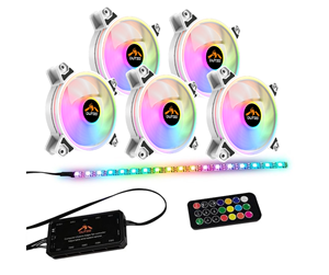 Kabinettvifte - DUTZO RGB Kit 5 - 5x fan white + 1x LED strip + remote & controller - 120mm - Hvit med RGB-lys - 24 dBA - DRGB-BUNDLE5 WHITE