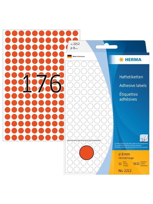 HERMA 2212 Multi-purpose labels / colour dots Ø 8 mm round red permanent adhesion for hand lettering