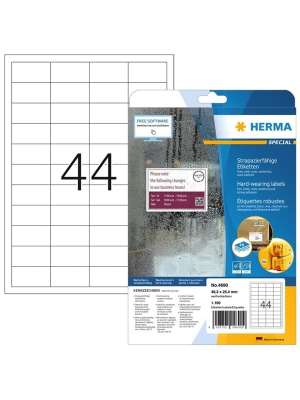 HERMA Weatherproof film labels A4 48.3 x 25.4 mm white extremely strong adhesion